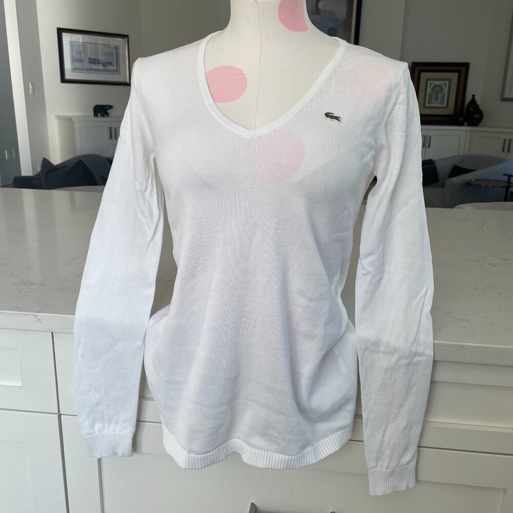 Lacoste Vintage Neutral LS V Neck Sporty 100% Cotton Sweater White Sz 38